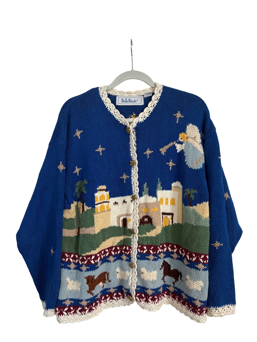 Vintage Belle Pointe Knit Holiday Nativity Cardigan Sweater Star Buttons Size XL